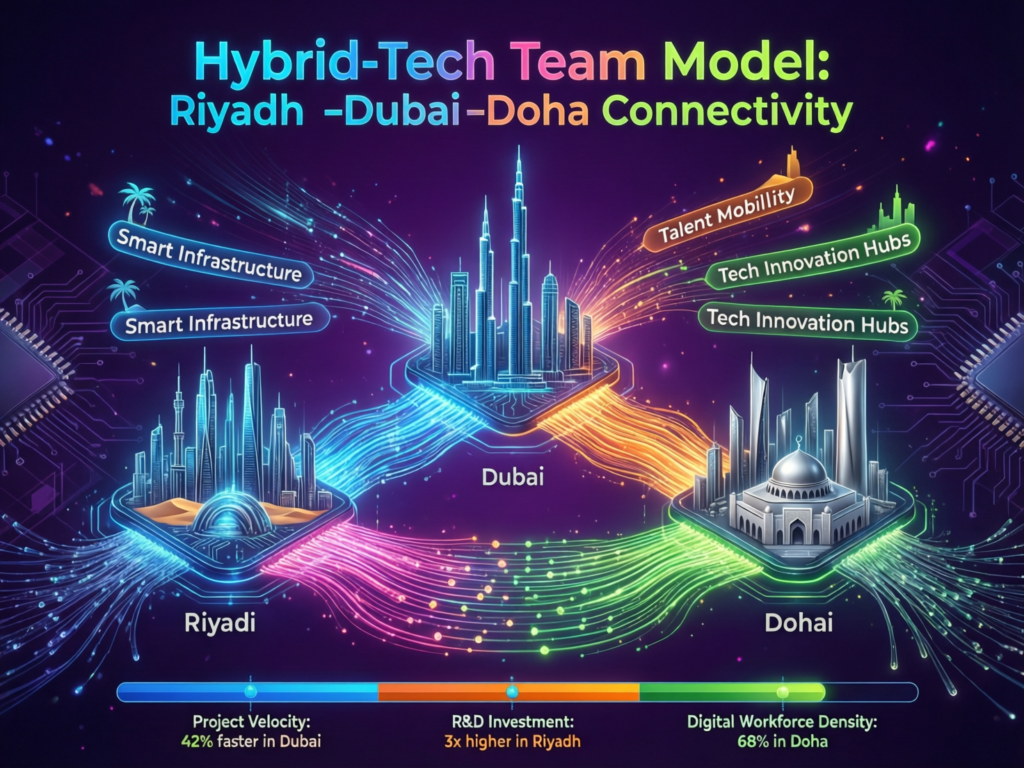 Diagram of hybrid tech team model mixing local GCC hires with outsourced developers