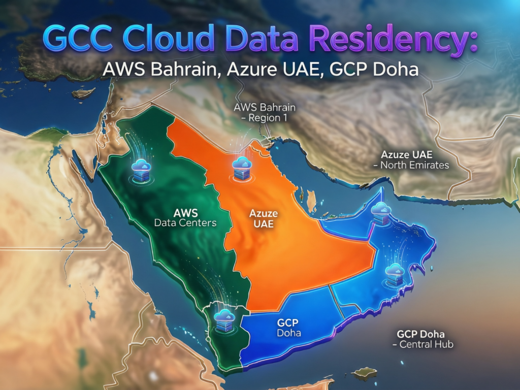 Map highlighting AWS Bahrain, Azure UAE and Google Cloud Doha regions for GCC data residency