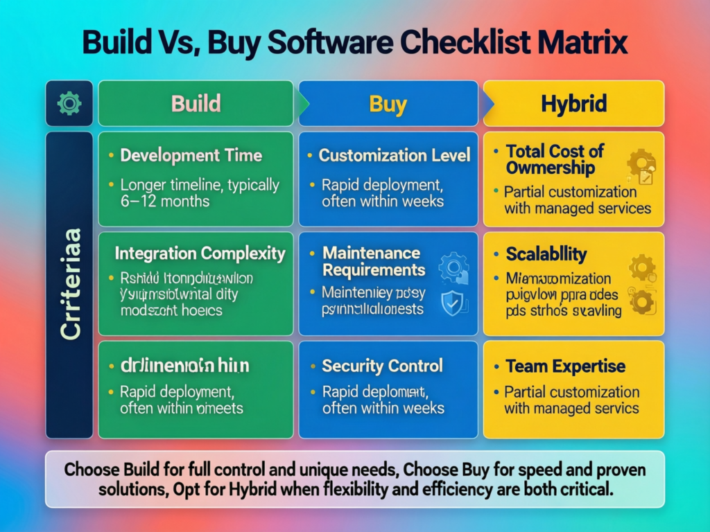 Checklist and decision matrix for build vs buy software framework