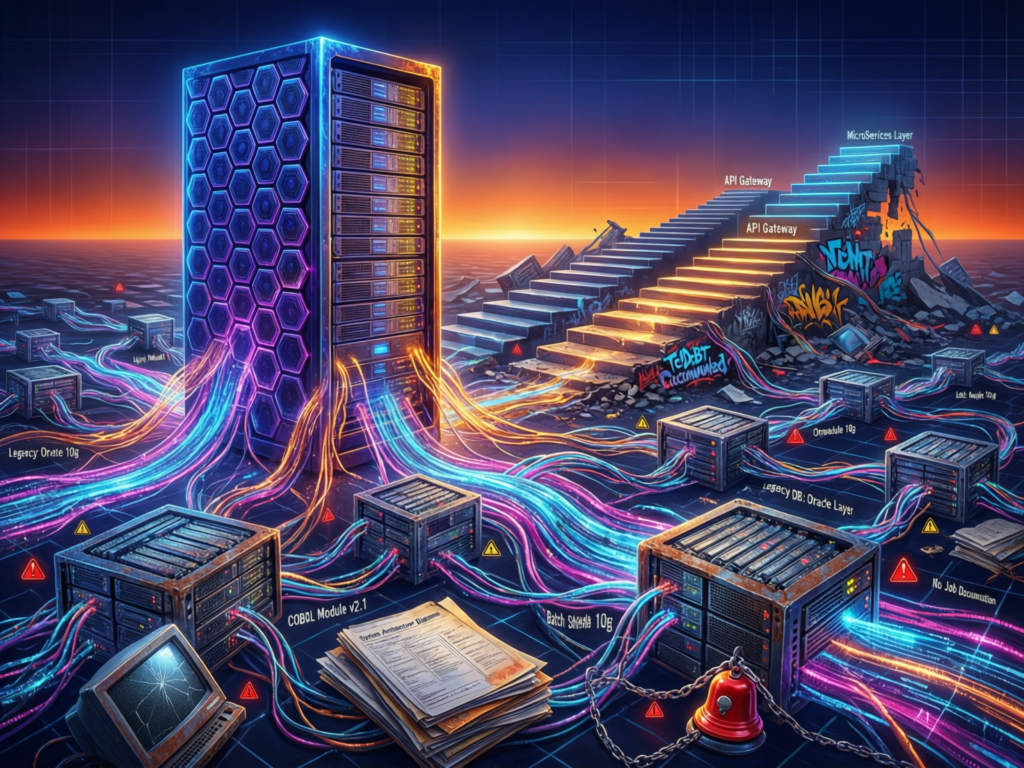 Diagram of technical debt in legacy systems including mainframes, ERPs and monoliths