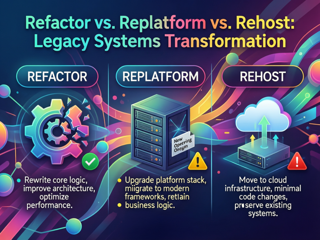 Comparison of refactor, replatform and rehost options to reduce technical debt in legacy systems