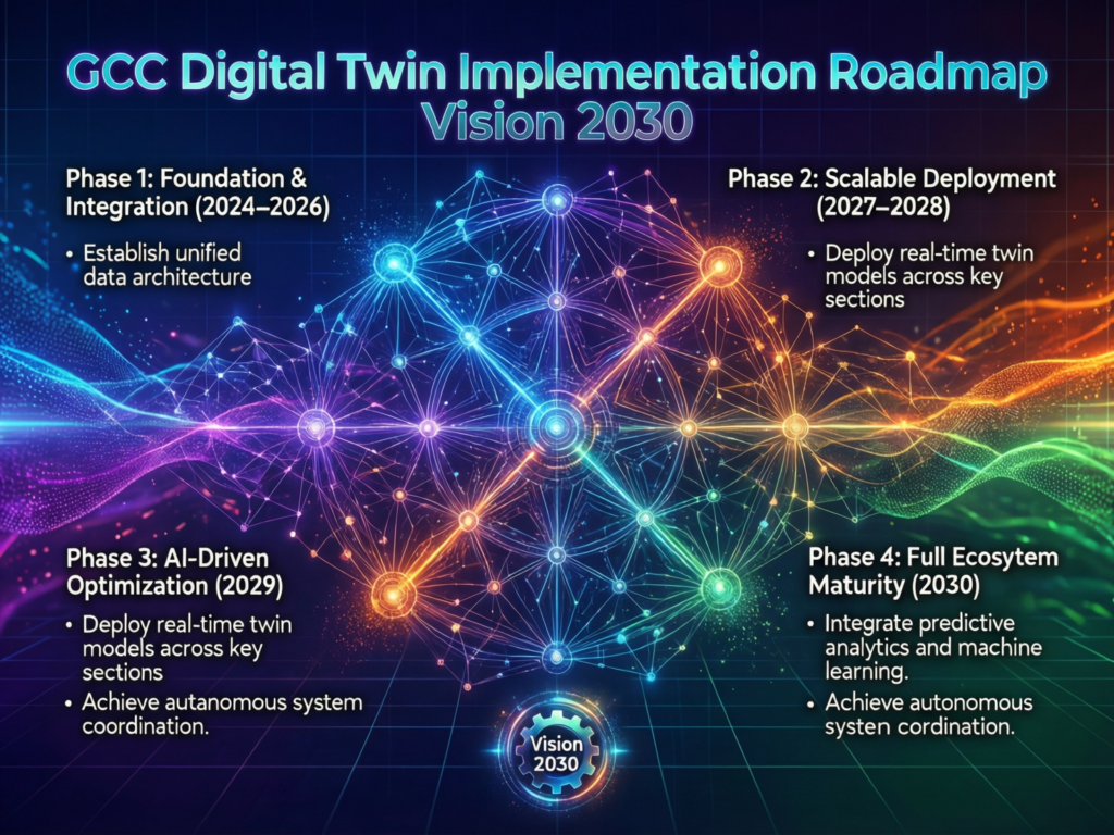 Implementation roadmap diagram for digital twin technology in GCC smart cities aligned with Vision 2030