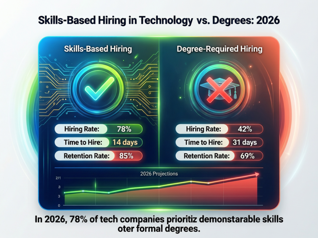 Skills-based hiring in technology replacing strict computer science degree requirements in 2026.