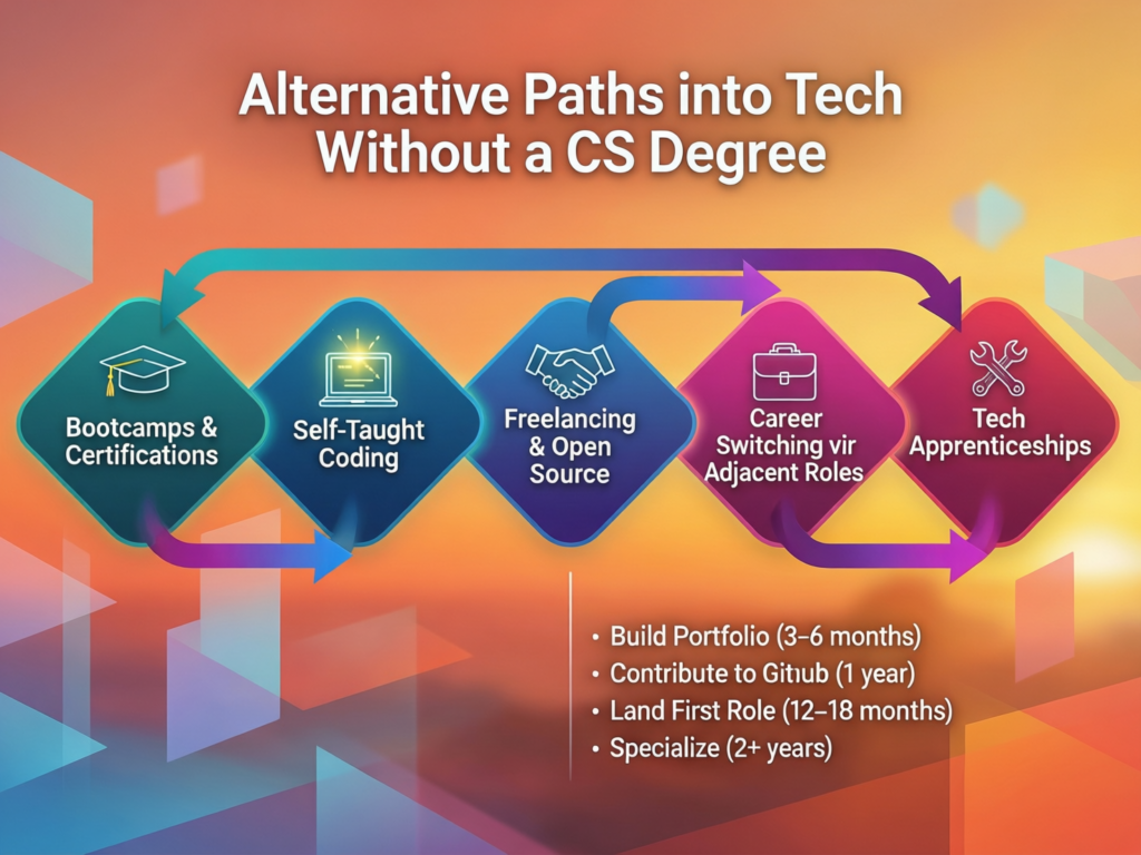 Roadmap of alternative paths into tech without a computer science degree, including bootcamps and self-taught routes.