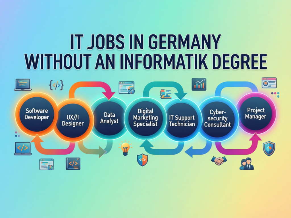 IT jobs in Germany without an Informatik degree, highlighting Berlin and Munich tech hubs.