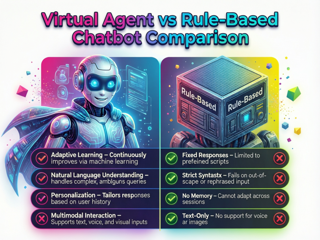 Comparison table of virtual agent versus rule-based customer service chatbot