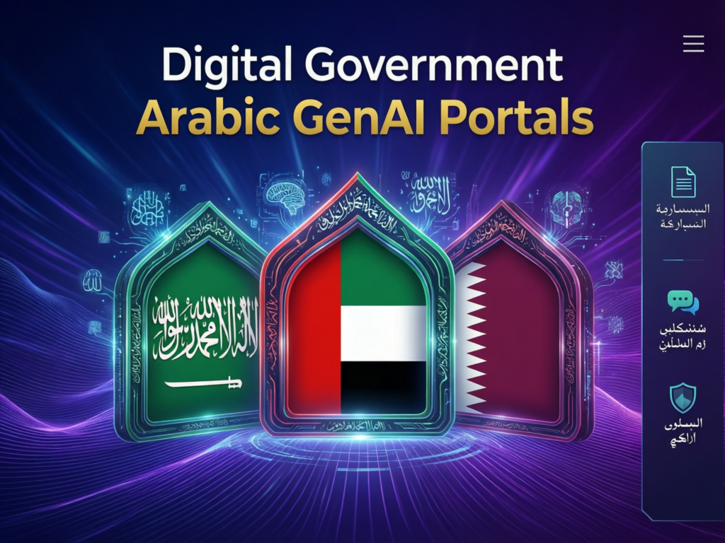 Screens of KSA, UAE and Qatar digital government portals using Arabic generative AI
