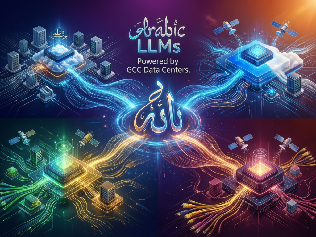 Map of GCC data centers like AWS Bahrain, Azure UAE Central and GCP Doha hosting Arabic LLMs