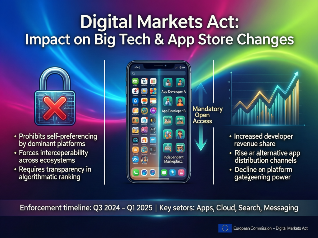 Visual showing Digital Markets Act impact on Big Tech app store fees and anti-steering rules.
