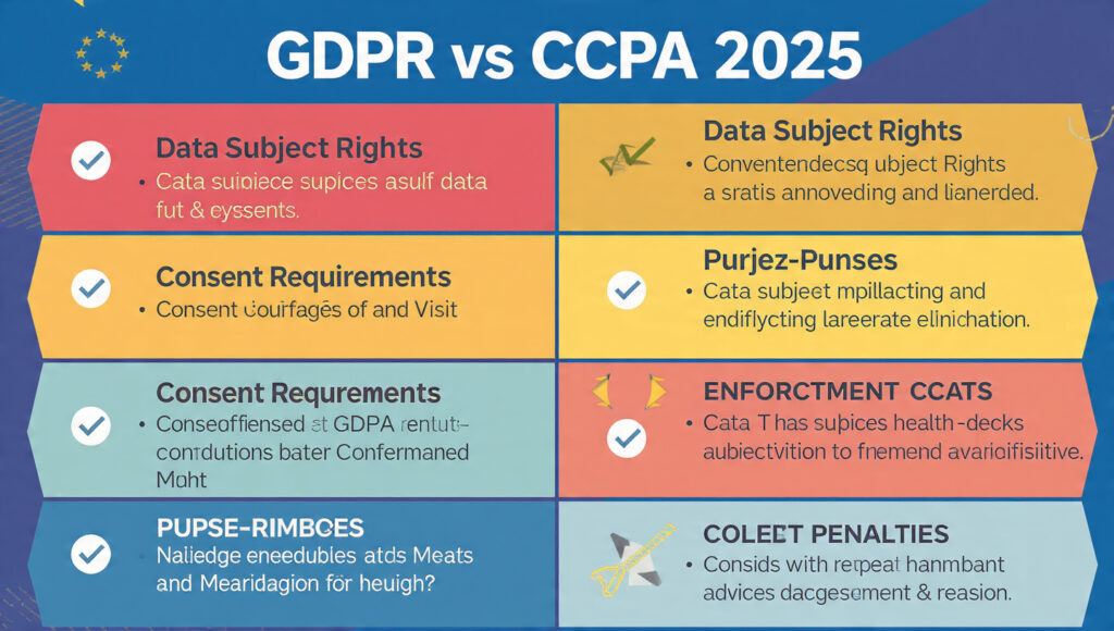 Comparison chart showing GDPR vs CCPA/CPRA differences in 2025 for scope, rights and penalties