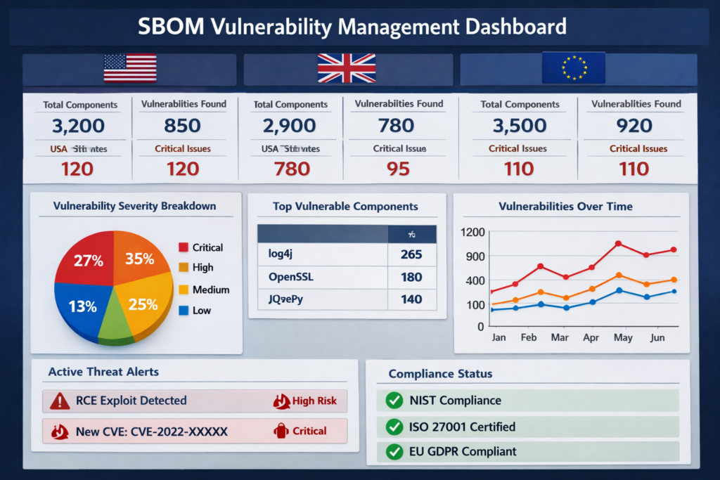 Dashboard showing vulnerability management using SBOM data for US, UK and EU applications
