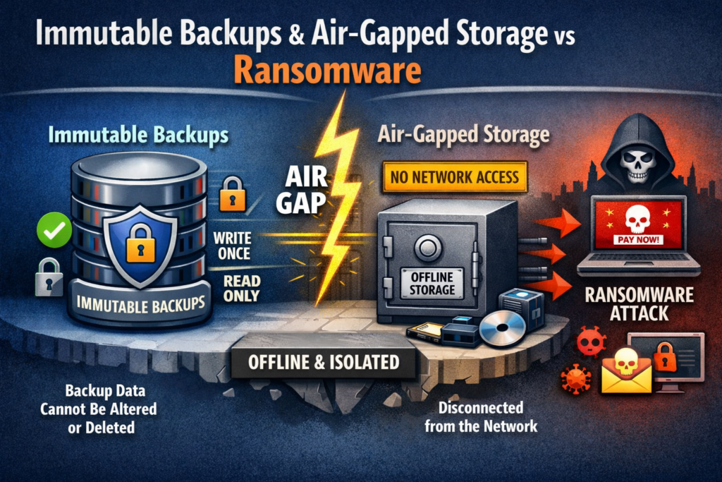 Conceptual illustration of immutable storage and air-gapped backups for ransomware recovery.