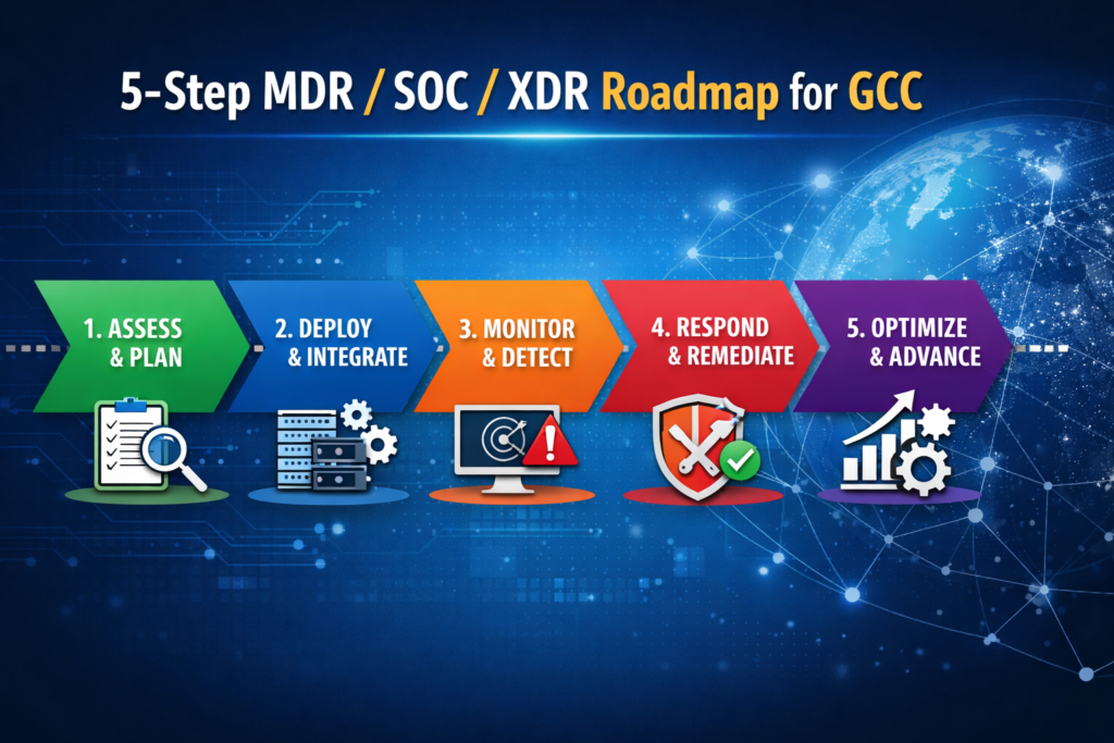 Five-step roadmap infographic for choosing MDR vs SOC vs XDR in the GCC