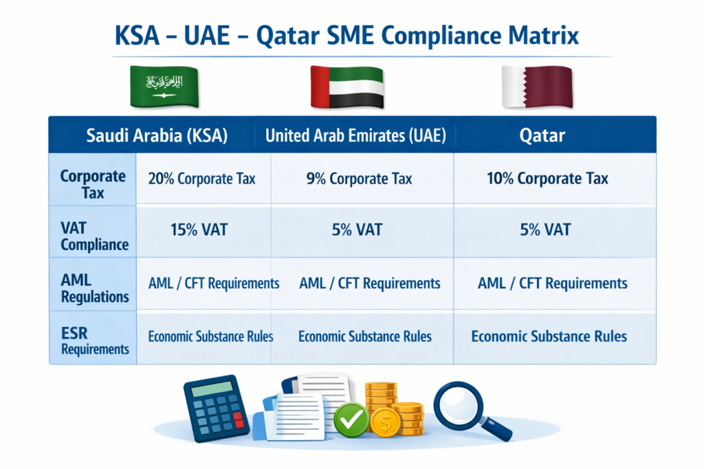 Compliance matrix linking GCC SME incident response plan to KSA, UAE and Qatar regulations