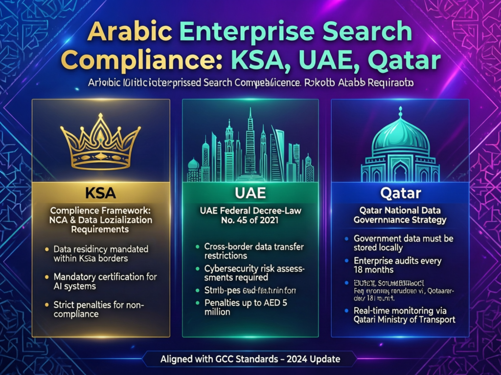 Compliance view of enterprise search in Arabic aligned with SAMA, TDRA, and QCB