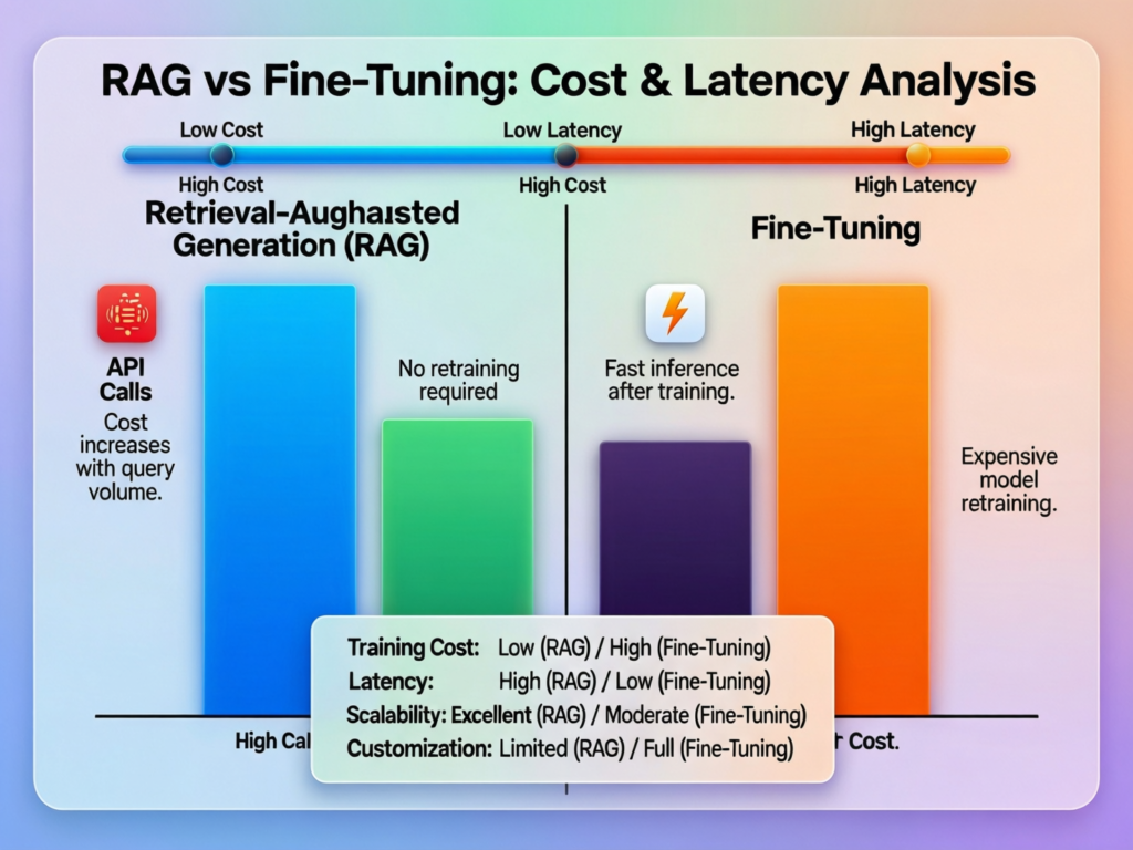 Cost and latency comparison chart for RAG vs fine tuning in enterprise LLM workloads.