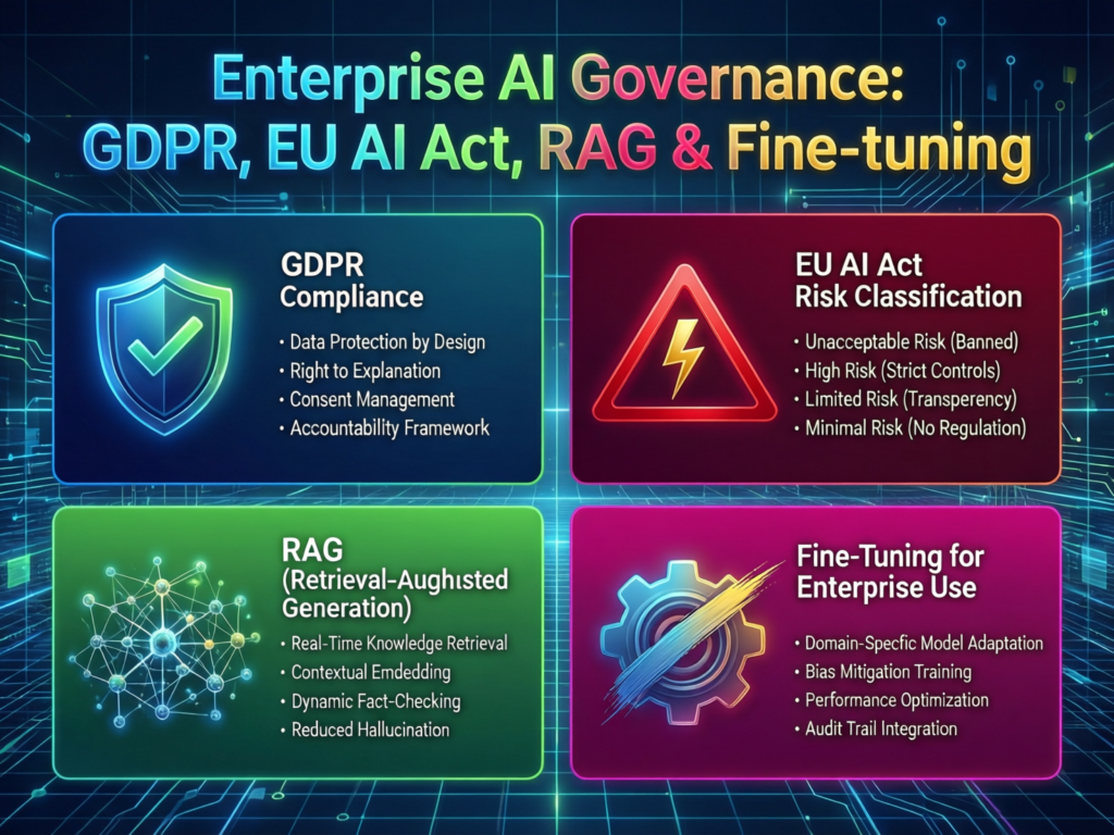 Enterprise AI governance visual for GDPR and EU AI Act with RAG vs fine tuning.