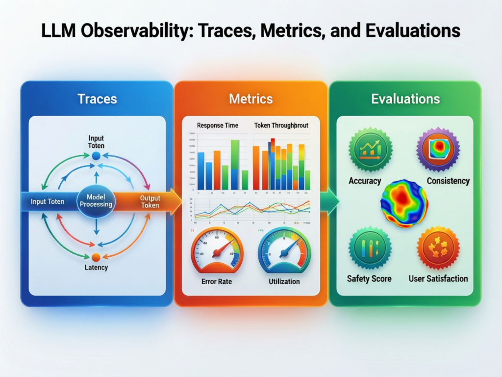 LLM observability traces with prompts, responses and evaluation metrics