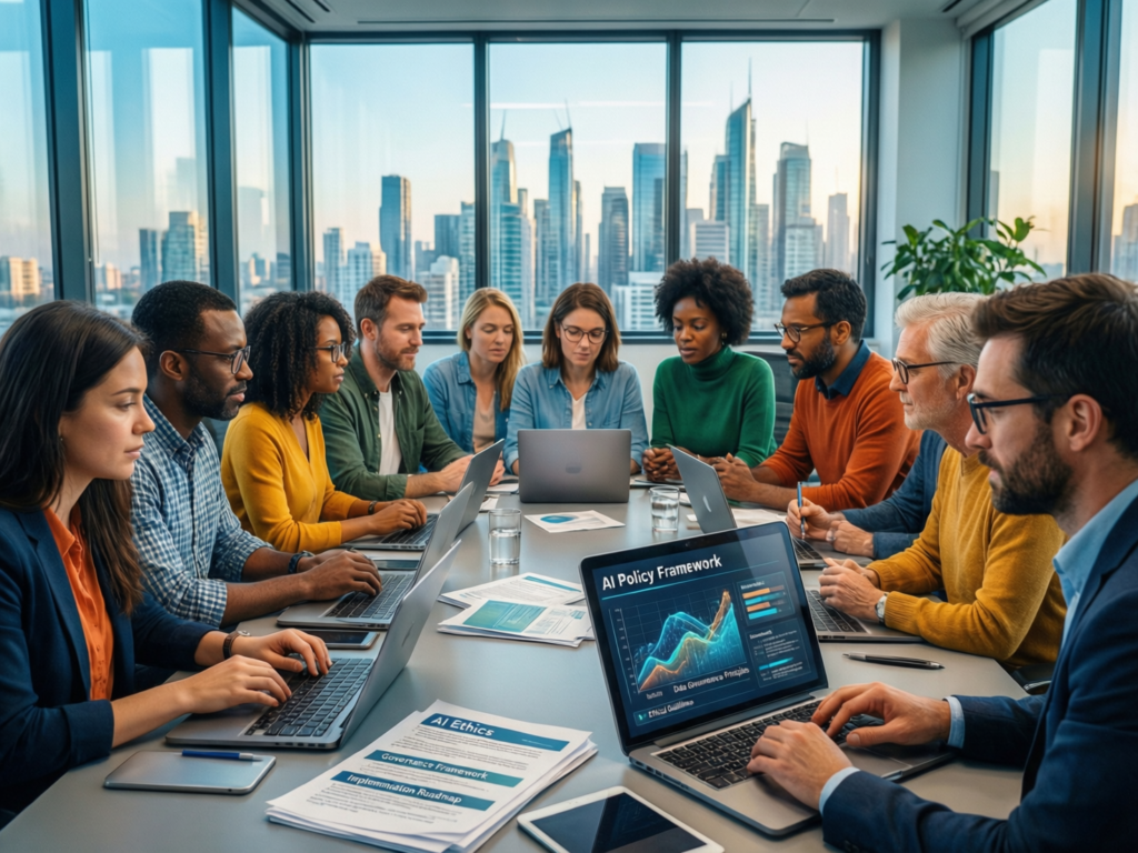 GCC SME leadership team reviewing AI governance policy template for SMEs in GCC