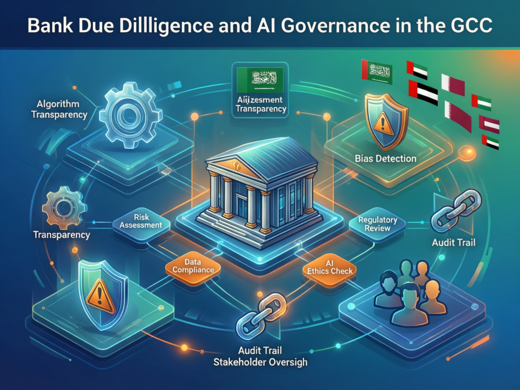 : Bank compliance officer reviewing GCC SME AI governance policy template for SMEs in GCC