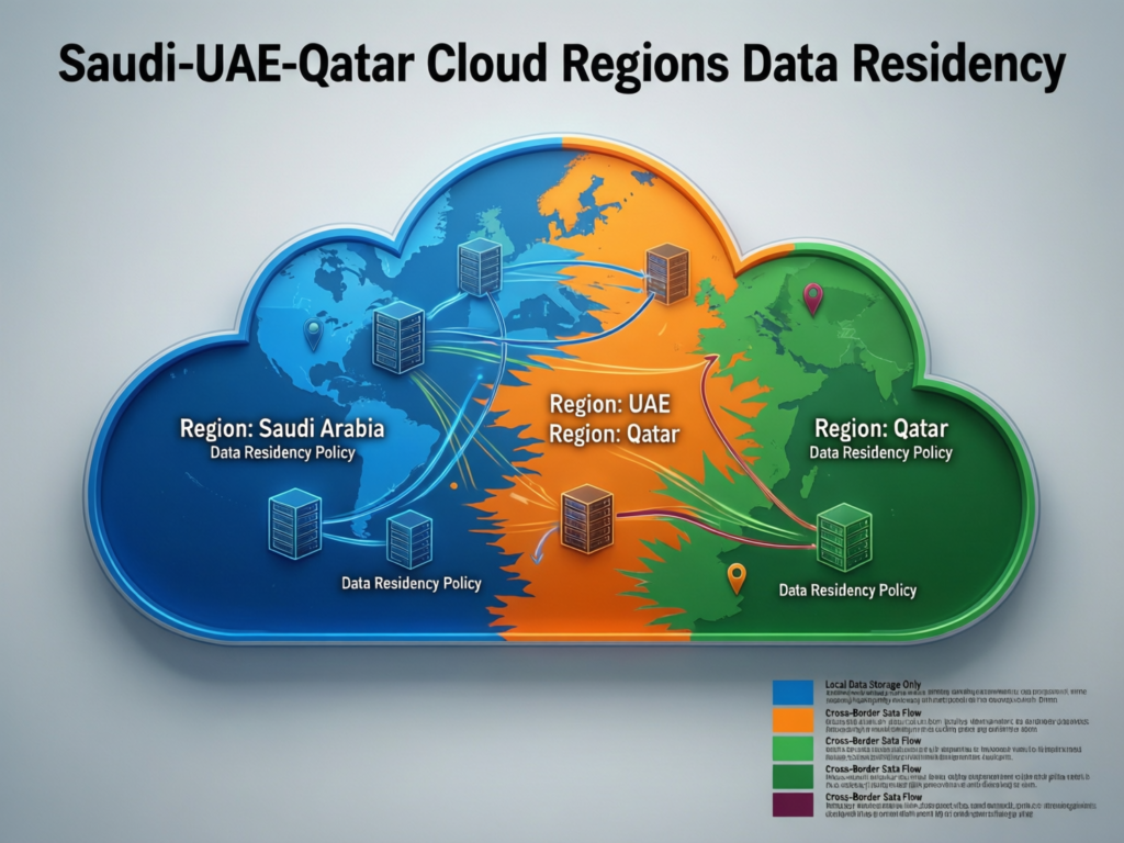 Map of GCC cloud regions highlighting AWS Bahrain, Azure UAE Central and Google Cloud Doha for AI training data privacy in MENA