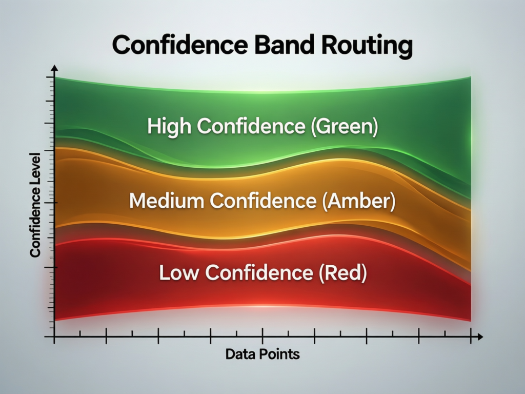 Confidence band routing lanes for human-in-the-loop AI decisions