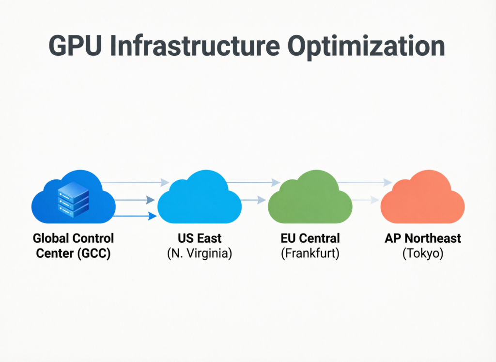 Cloud map of GCC GPU infrastructure optimization across AWS Bahrain, Azure UAE Central and GCP Doha