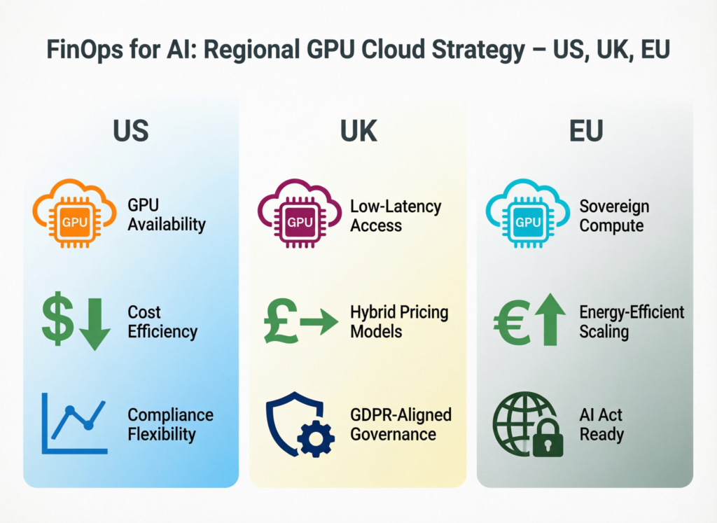 Map illustrating FinOps for AI regional GPU cloud strategy across US, UK and EU
