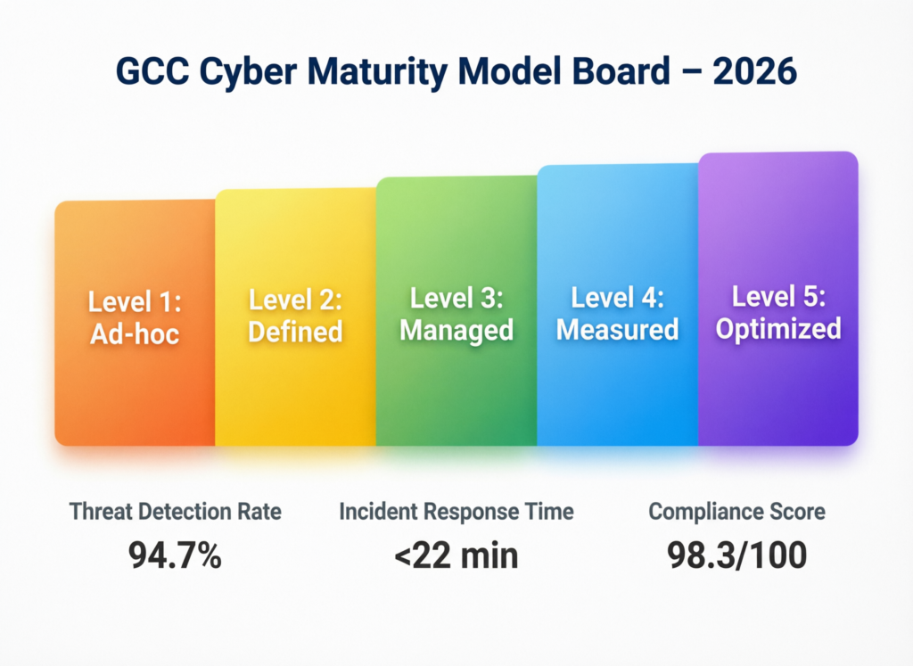 Board-level GCC cybersecurity maturity model with KPIs for Zero Trust, IAM and ransomware defense