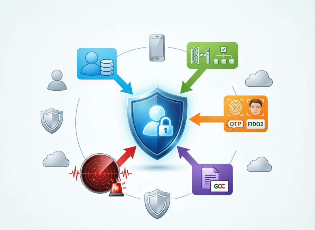 Diagram of an identity-centric security model explaining zero trust roadmap for SMEs in GCC