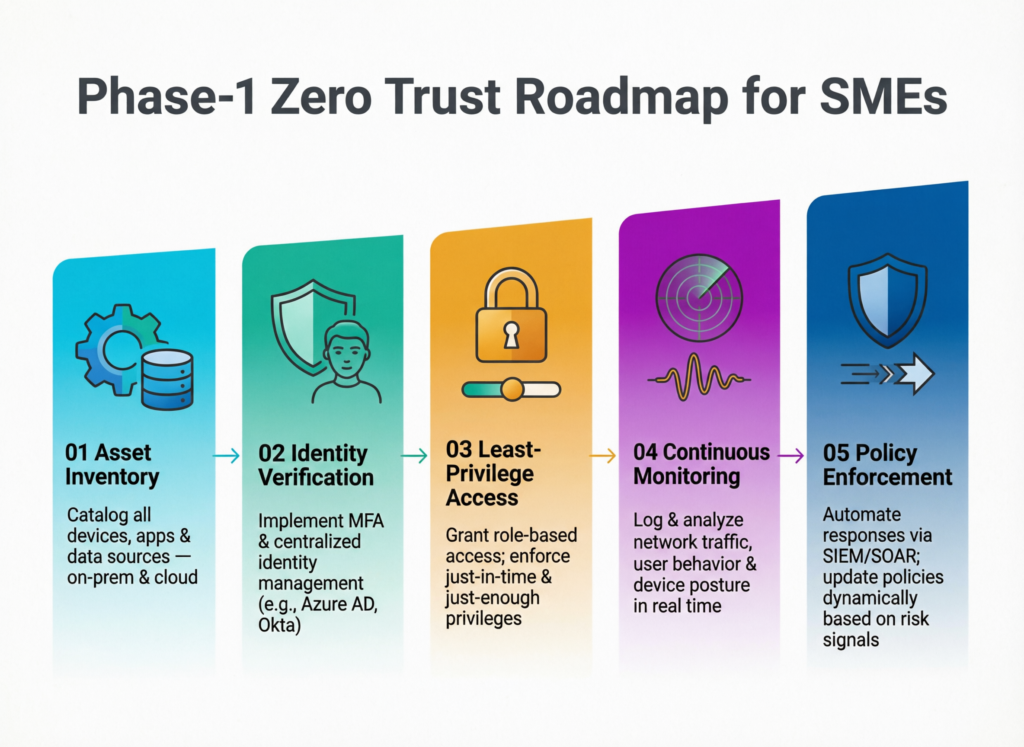 Phase 1 diagram of a zero trust roadmap for SMEs showing 0–90 day quick wins
