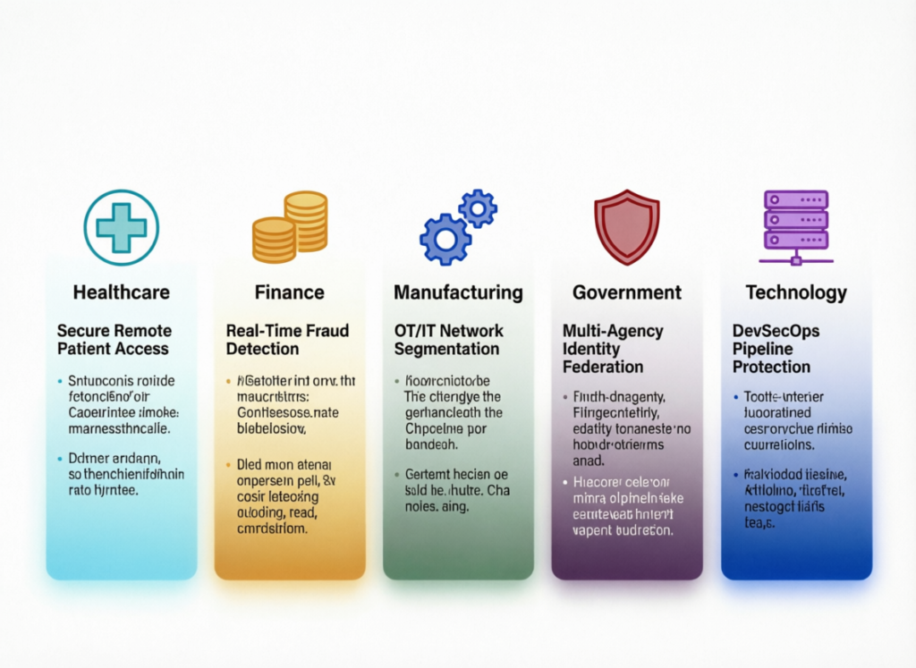 Illustration of GCC industries applying a zero trust roadmap for SMEs across fintech, government suppliers and logistics