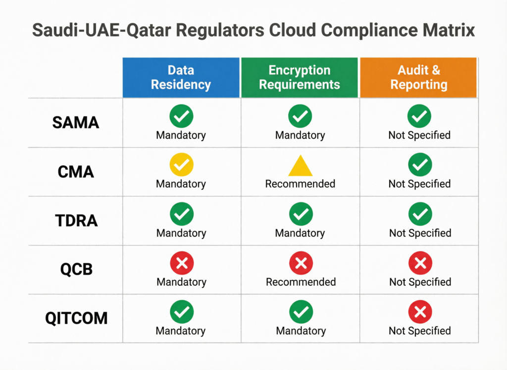“Compliance matrix of GCC sovereign cloud and data residency rules for SAMA, TDRA and QCB”