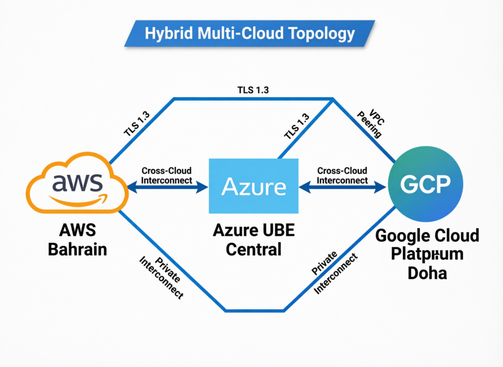 “Hybrid multi-cloud topology using AWS Bahrain, Azure UAE Central and GCP Doha for GCC data residency”