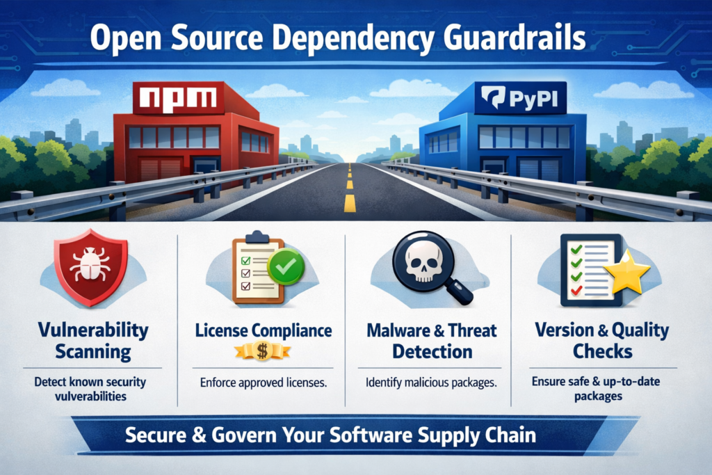 Visual of open source dependency guardrails for npm and PyPI registries