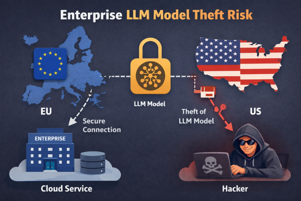 Diagram illustrating enterprise LLM model theft risks and controls in US and EU clouds