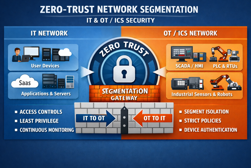 Zero trust network segmentation diagram across IT, OT and cloud environments for ransomware defense.