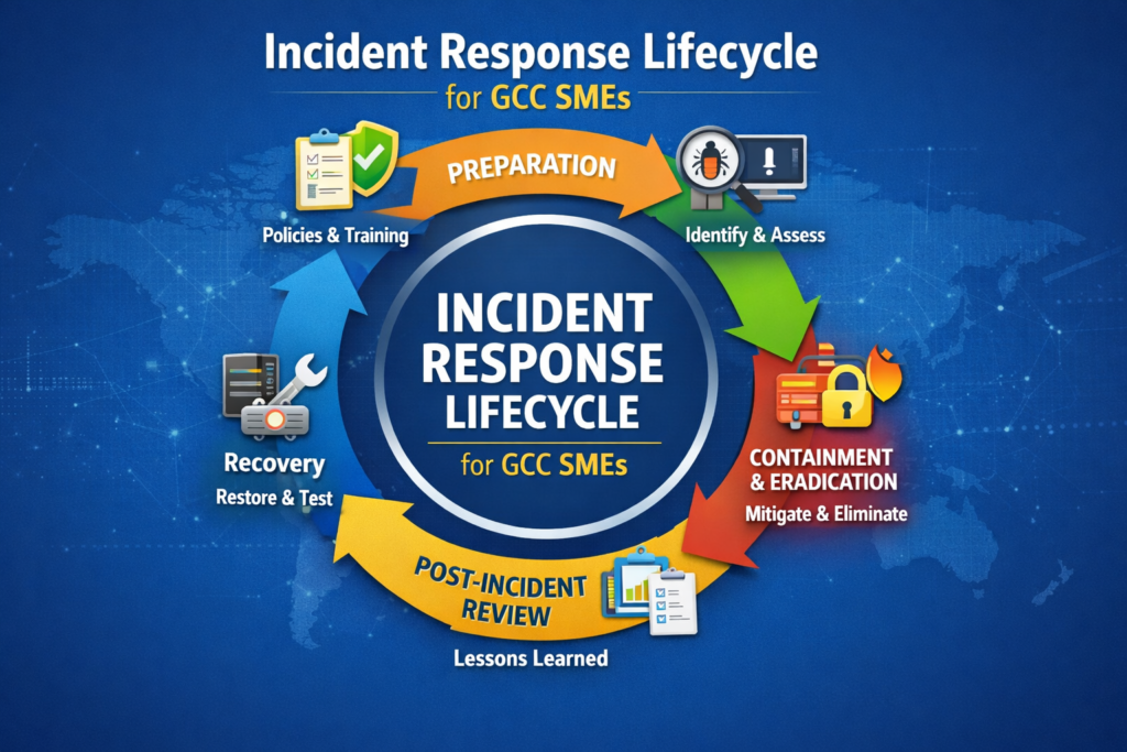 Diagram of cyber incident lifecycle for GCC SMEs from detection to lessons learned