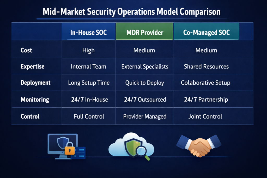 Comparison table of MDR, XDR, in-house SOC and SIEM for 200–1000 employee companies