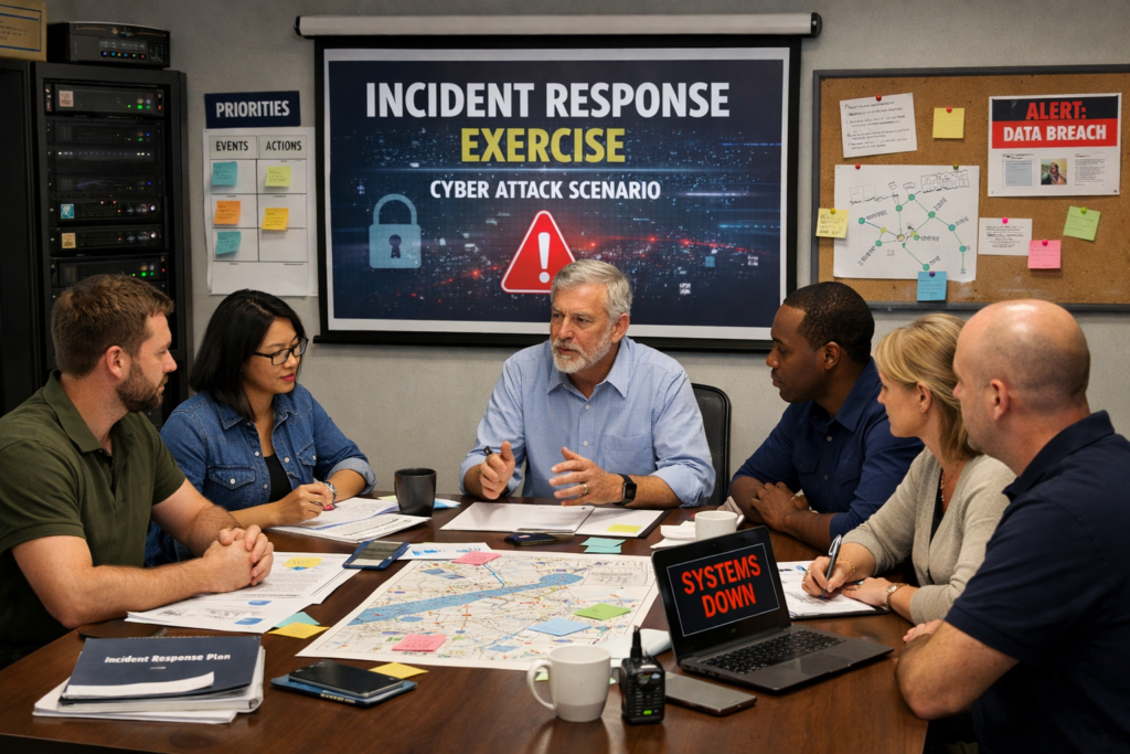Small business leadership running a tabletop incident response exercise using a template