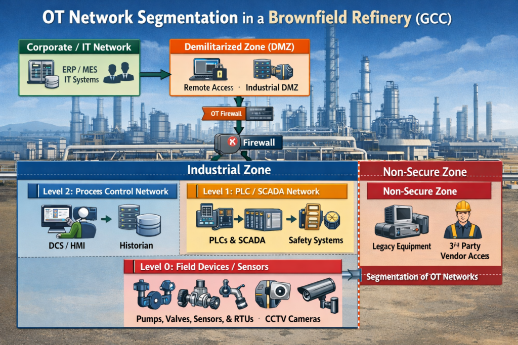 OT network segmentation diagram for brownfield refinery in the GCC