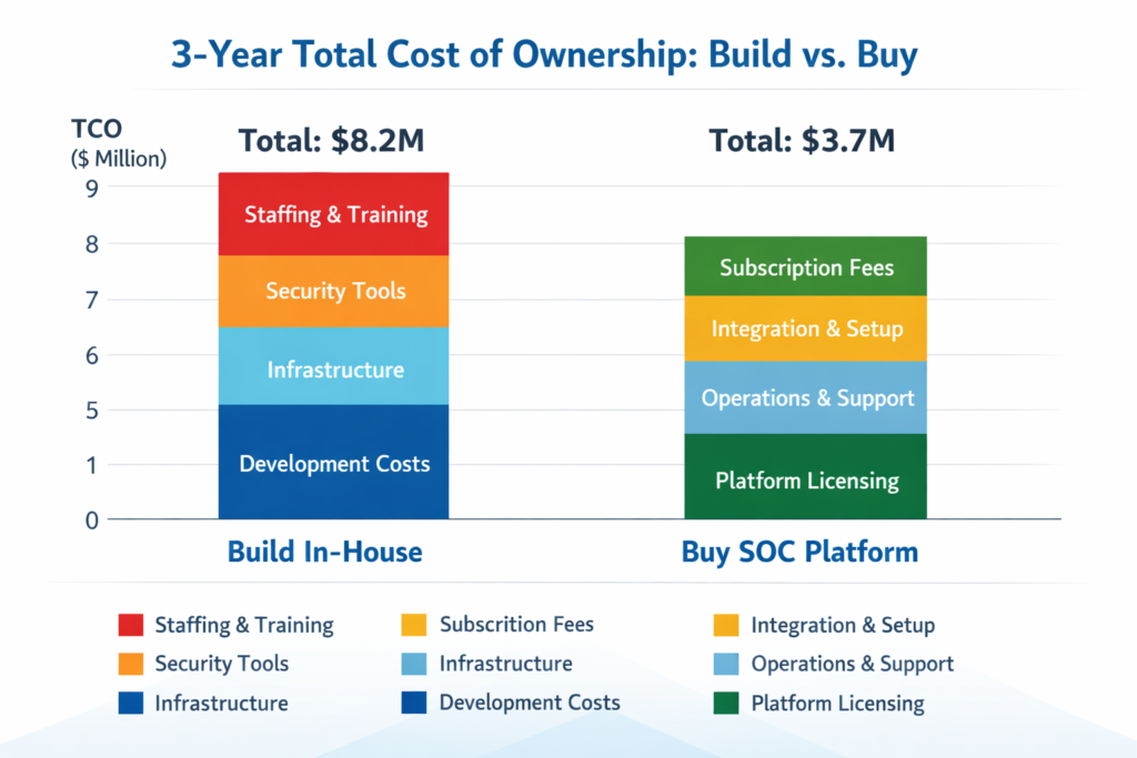 Three-year TCO comparison of MDR, XDR plus SOC and in-house SOC