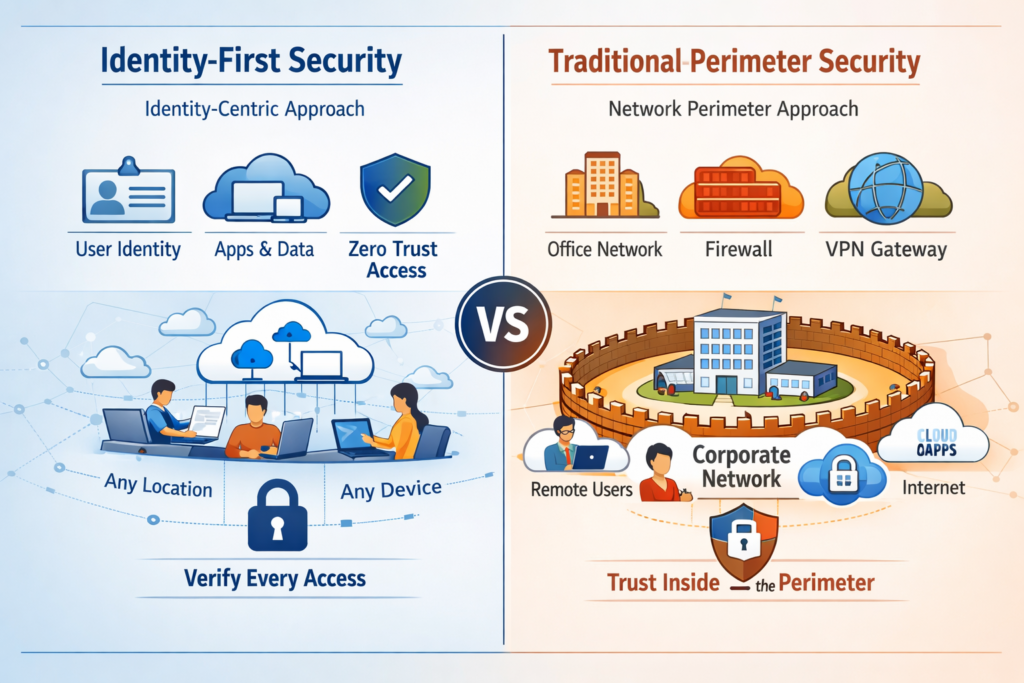 Diagram comparing identity-first security vs traditional perimeter security