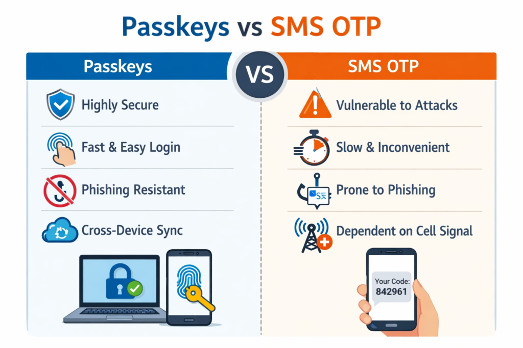 Diagram comparing phishing resistant MFA passkeys with legacy SMS OTP codes