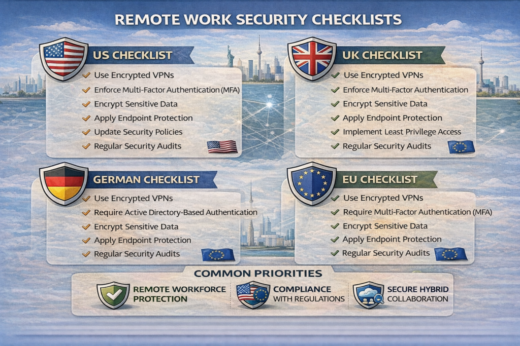 Remote work security checklists for US, UK, Germany and EU regulations
