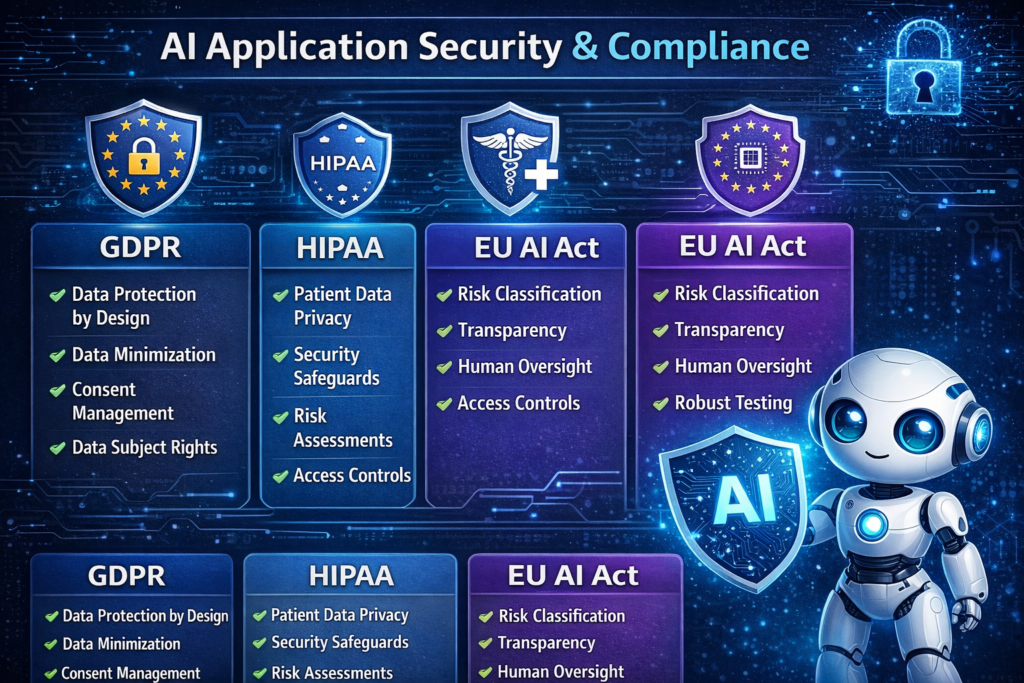 Illustration of AI application security compliance with GDPR, HIPAA and EU AI Act