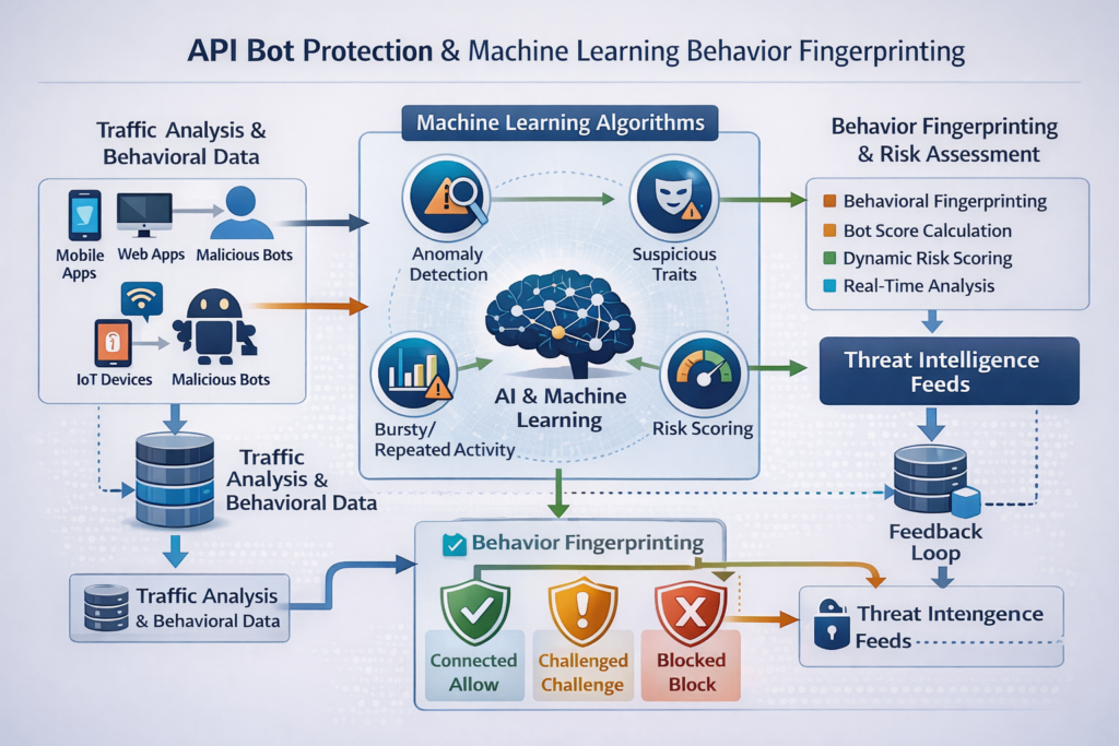 Machine-learning-based API bot protection with behavior fingerprinting and anomaly detection