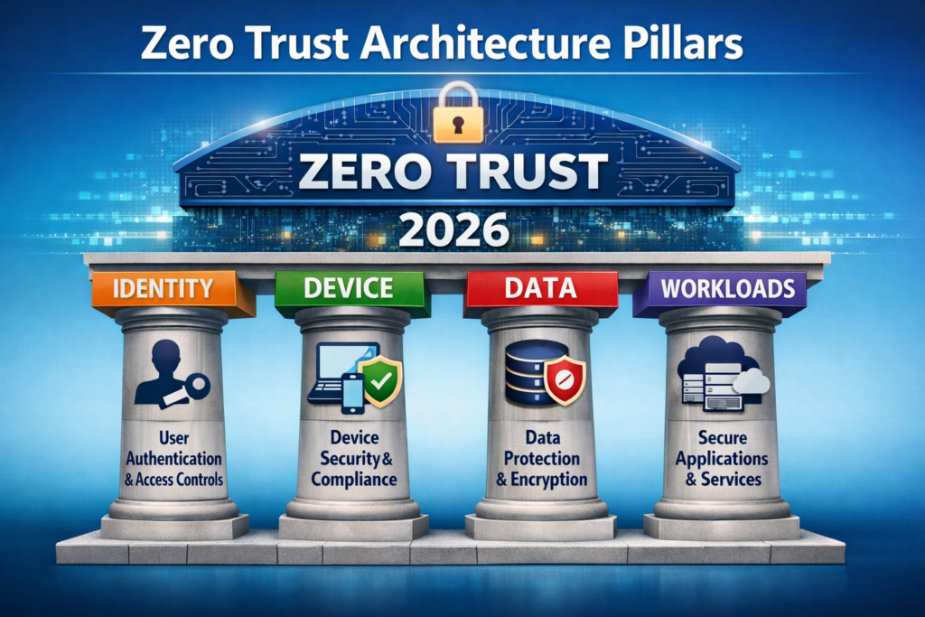 Zero Trust architecture pillars with identity, device, network, applications and data