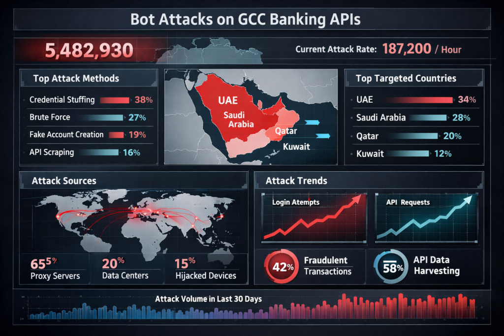 Bot attacks on GCC banking and wallet APIs visualized on monitoring dashboard