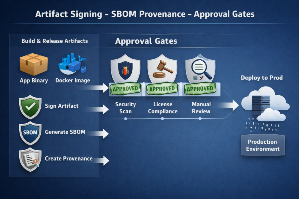 artifact signing, SBOM, provenance, and approval gates in CI/CD pipeline security